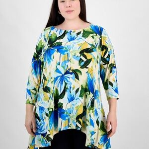 JM Collection Cream Floral Scoop Neck Blouse with Blue and Yellow Accents
